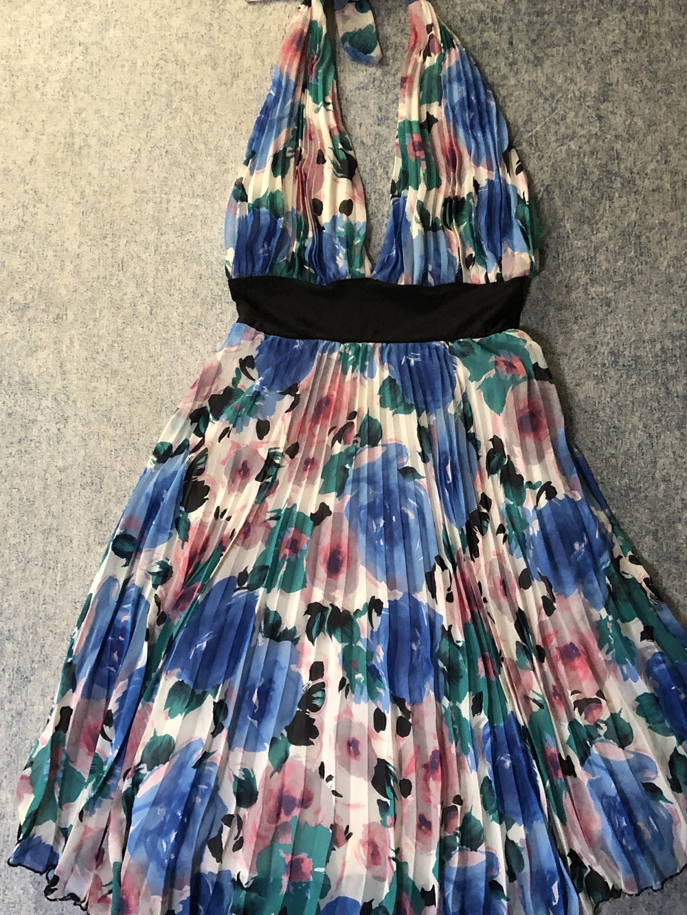 Floral Pleated Halter Dress in Blue & Pink